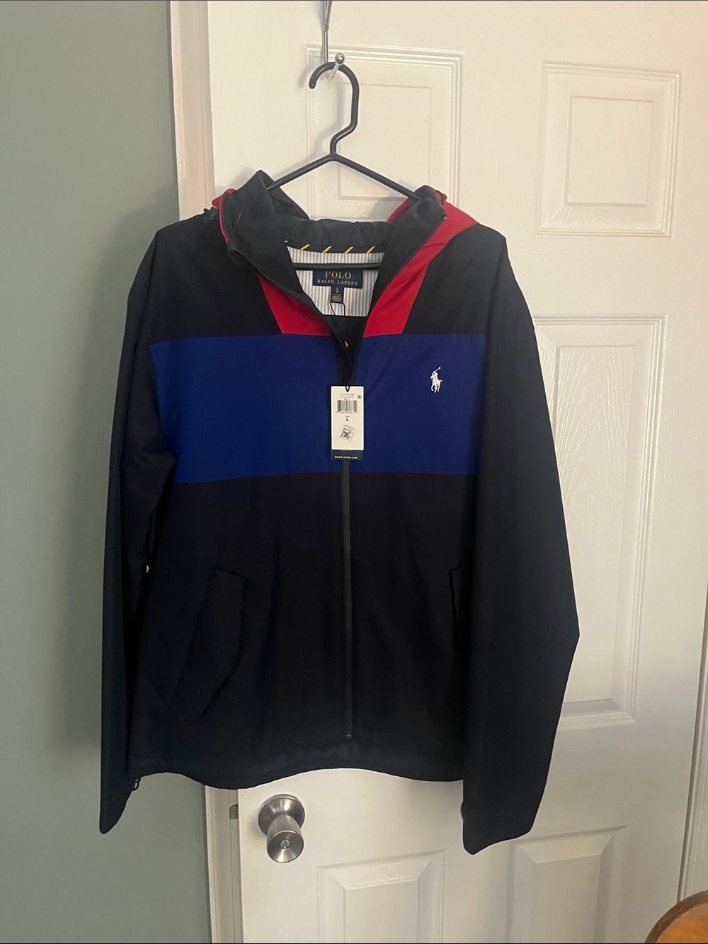 Polo by Ralph Lauren Black, Royal Blue & Red Colorblock Hooded Jacket NWT